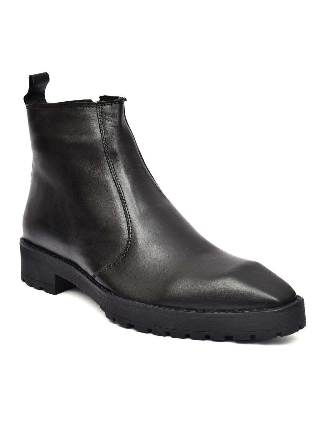 Black Leather Zip Ankle Boots – Square Toe Lug Sole Chelsea Style