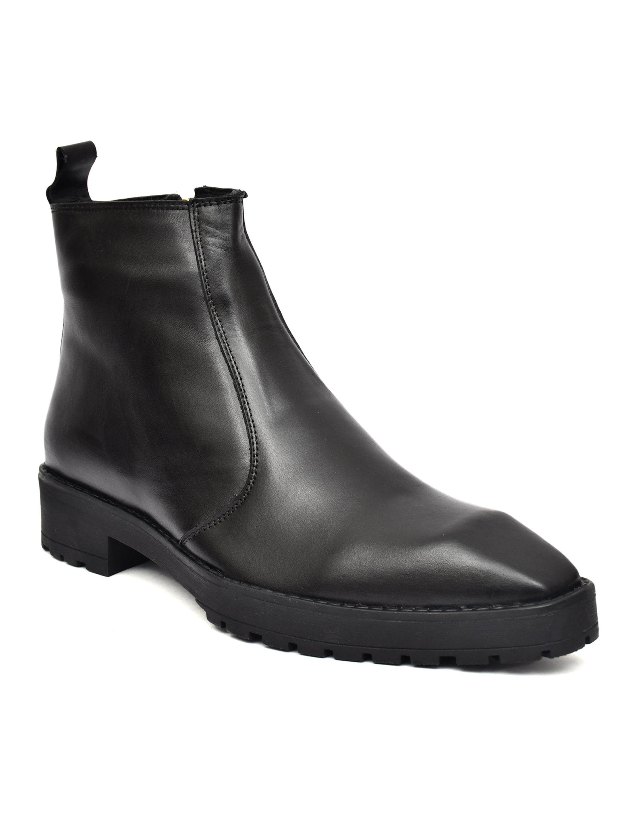 Black Leather Zip Ankle Boots – Square Toe Lug Sole Chelsea Style