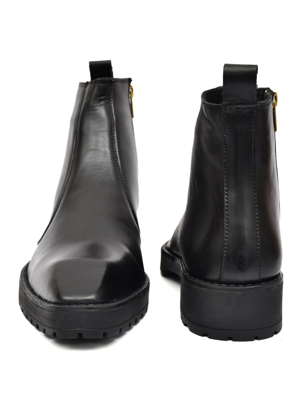 Black Leather Zip Ankle Boots – Square Toe Lug Sole Chelsea Style