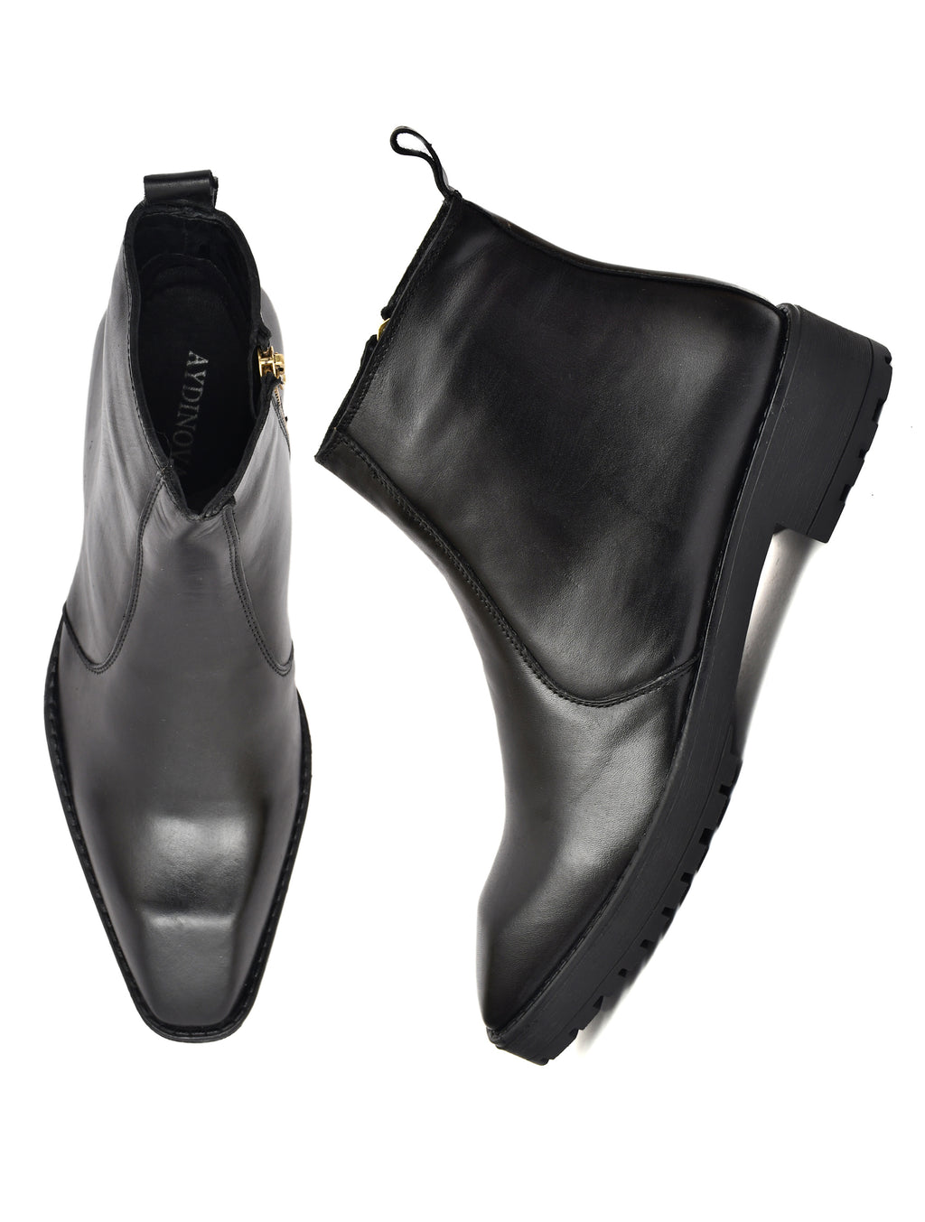 Black Leather Zip Ankle Boots – Square Toe Lug Sole Chelsea Style