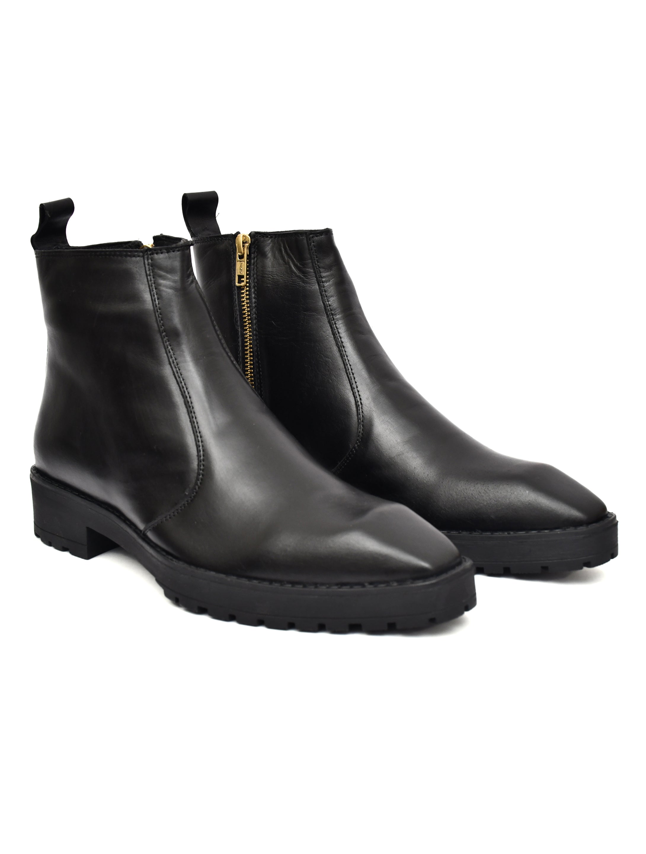Black Leather Zip Ankle Boots – Square Toe Lug Sole Chelsea Style