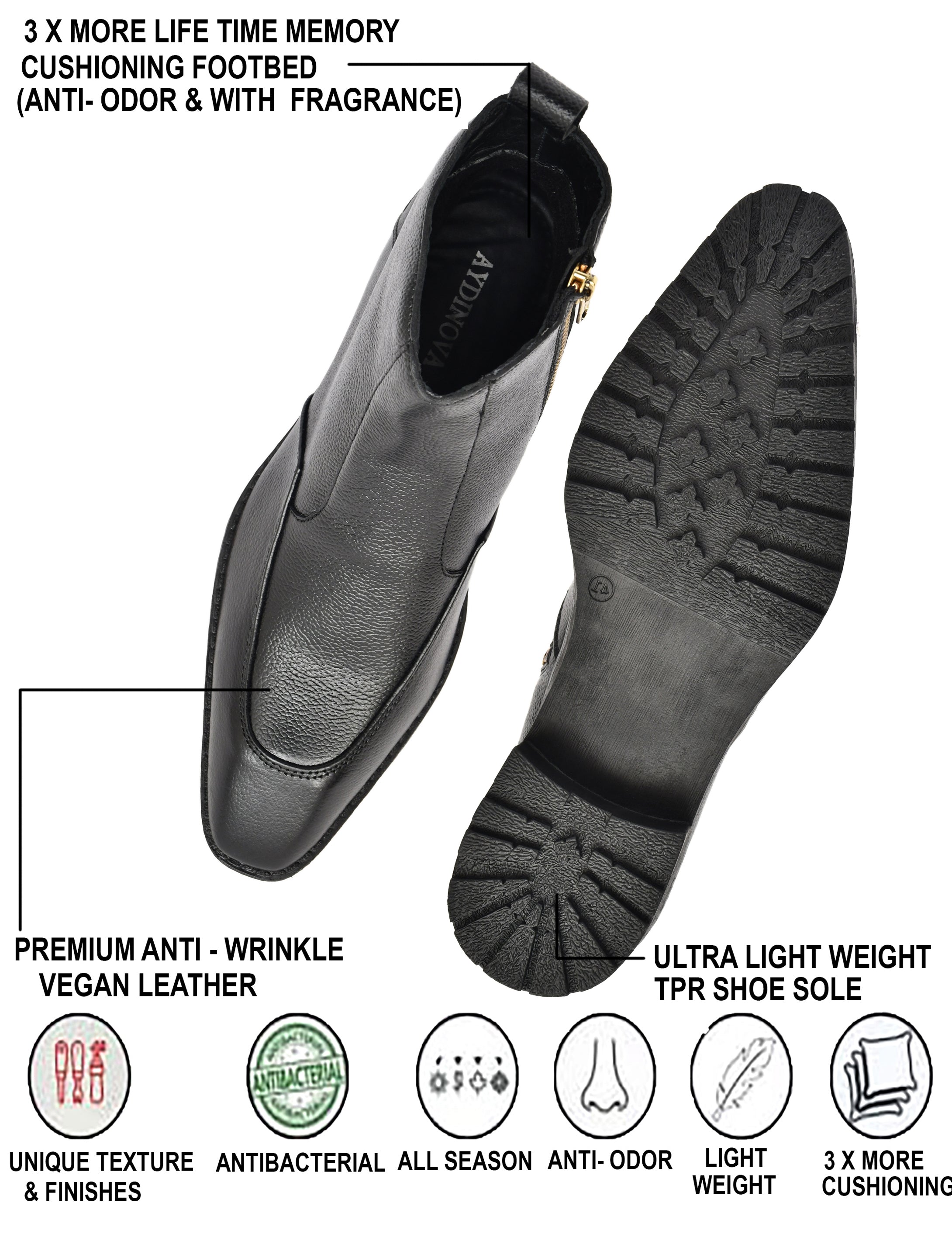 Men's Black Leather Zip Ankle Boots