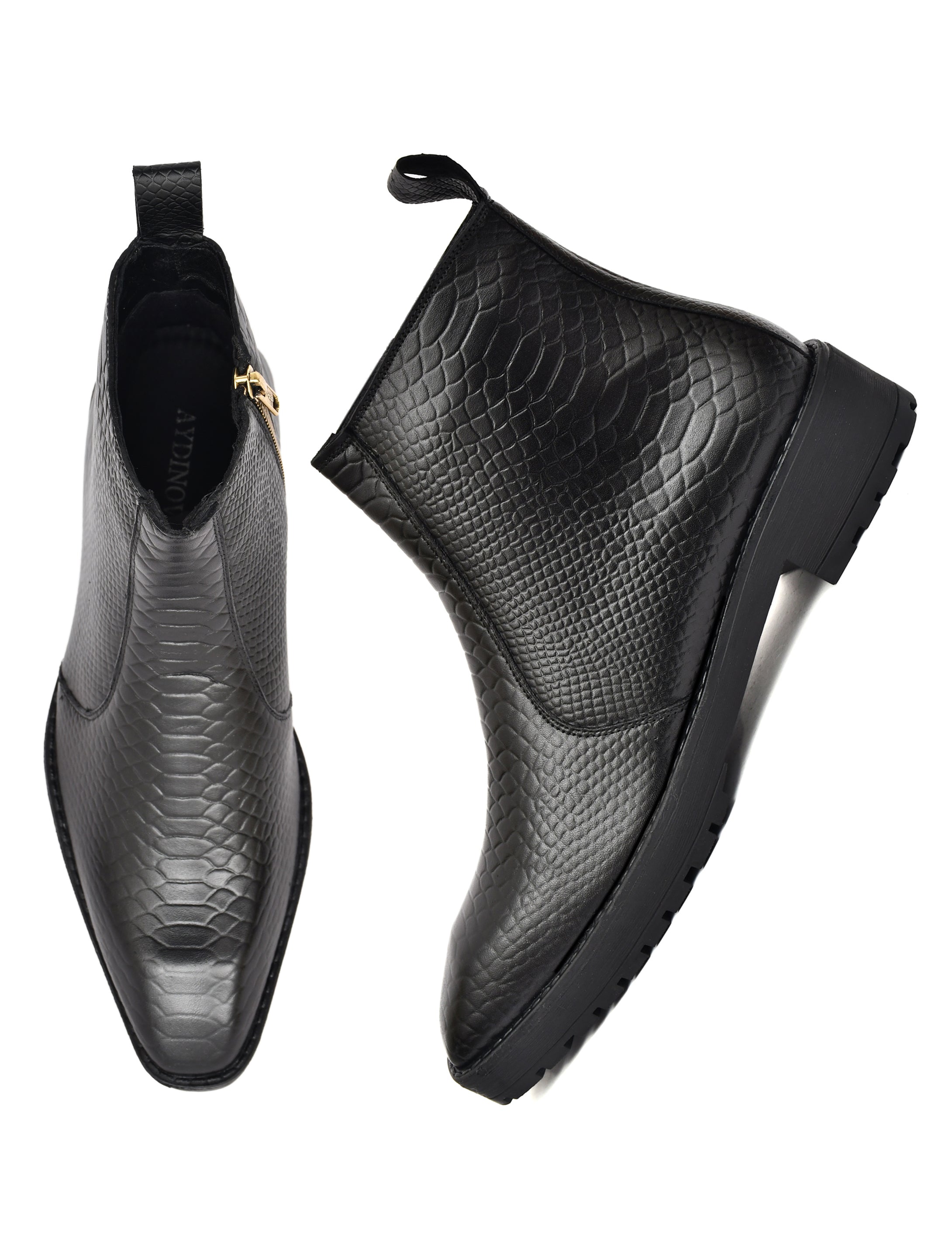 Men Snake Textured Leather Block-Heeled Chelsea Boots