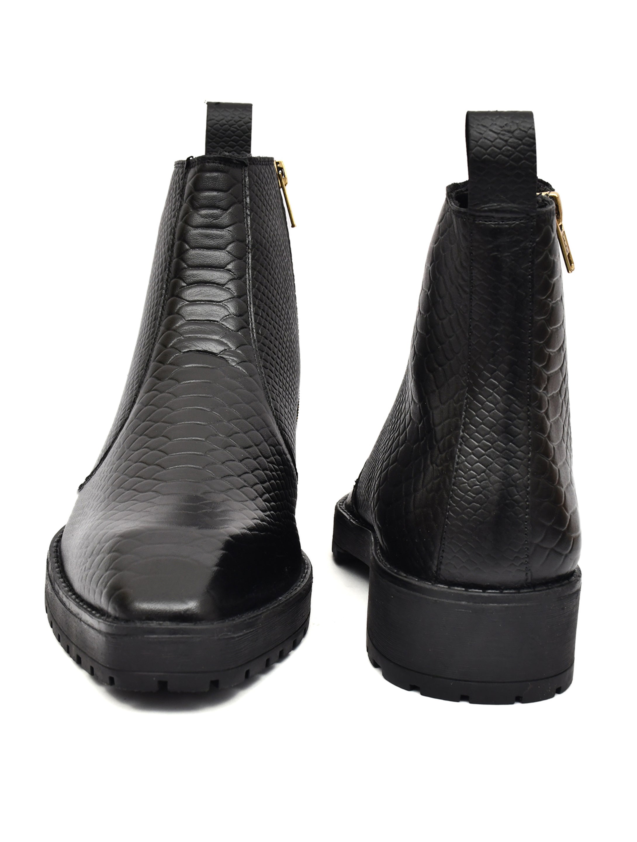 Men Snake Textured Leather Block-Heeled Chelsea Boots