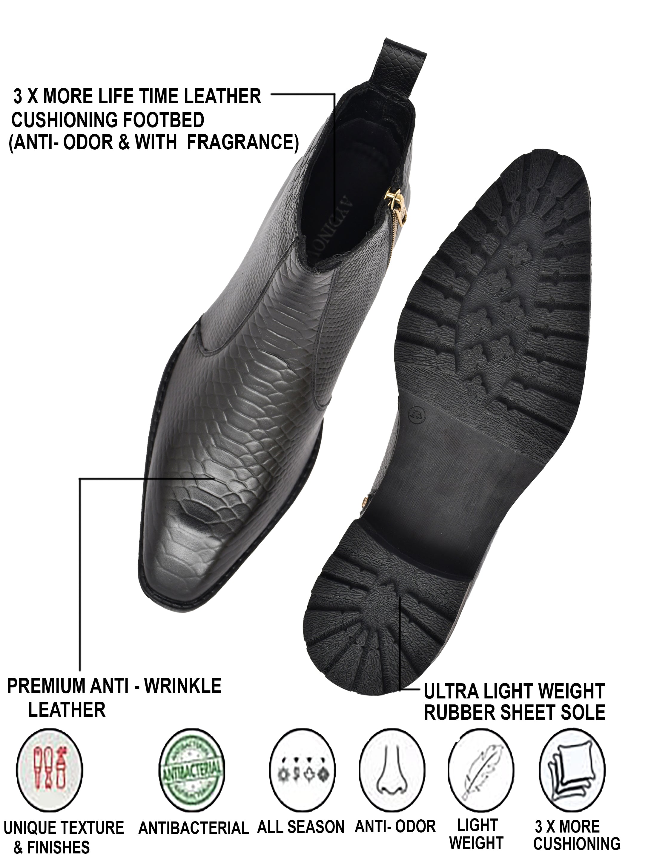 Men Snake Textured Leather Block-Heeled Chelsea Boots