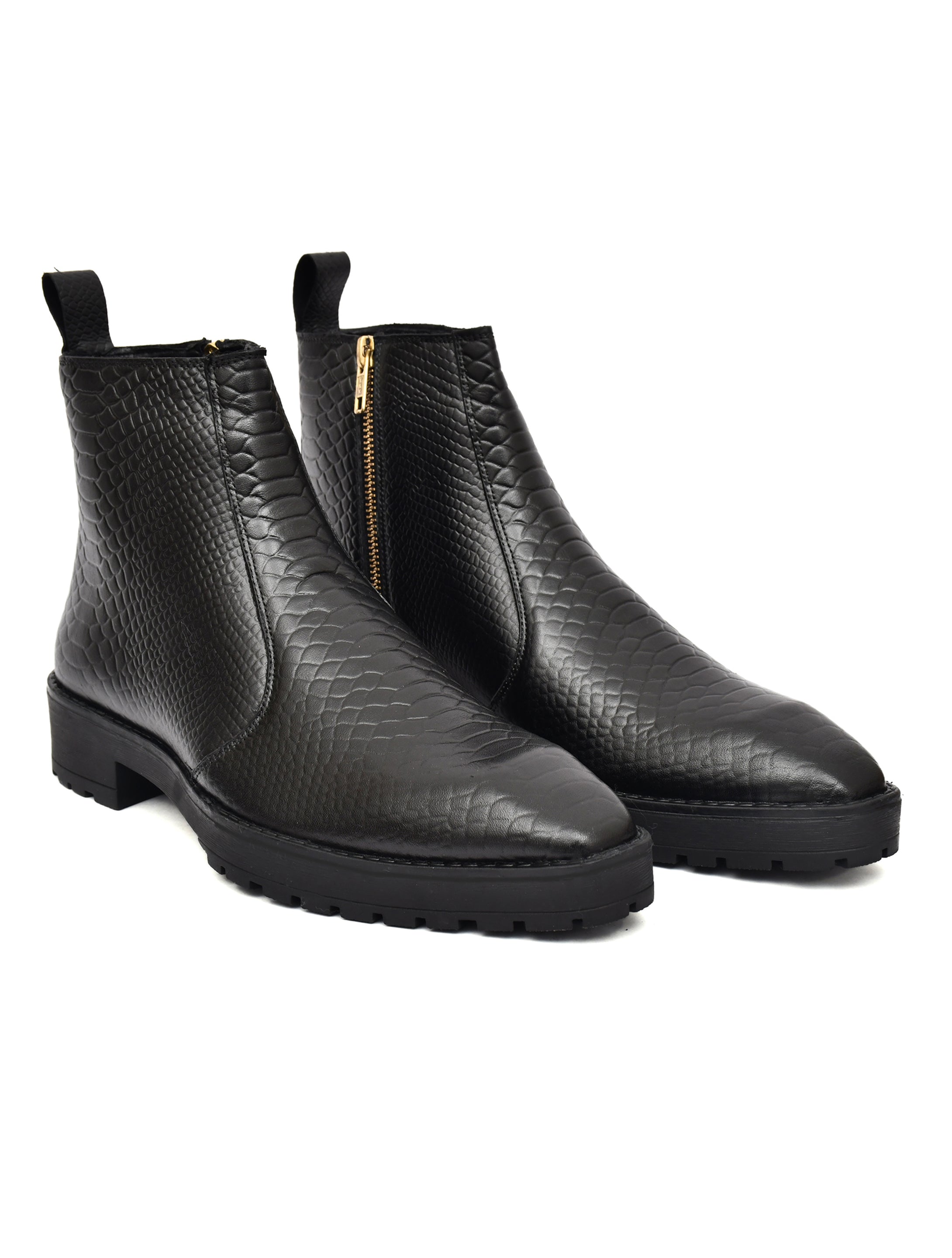 Men Snake Textured Leather Block-Heeled Chelsea Boots