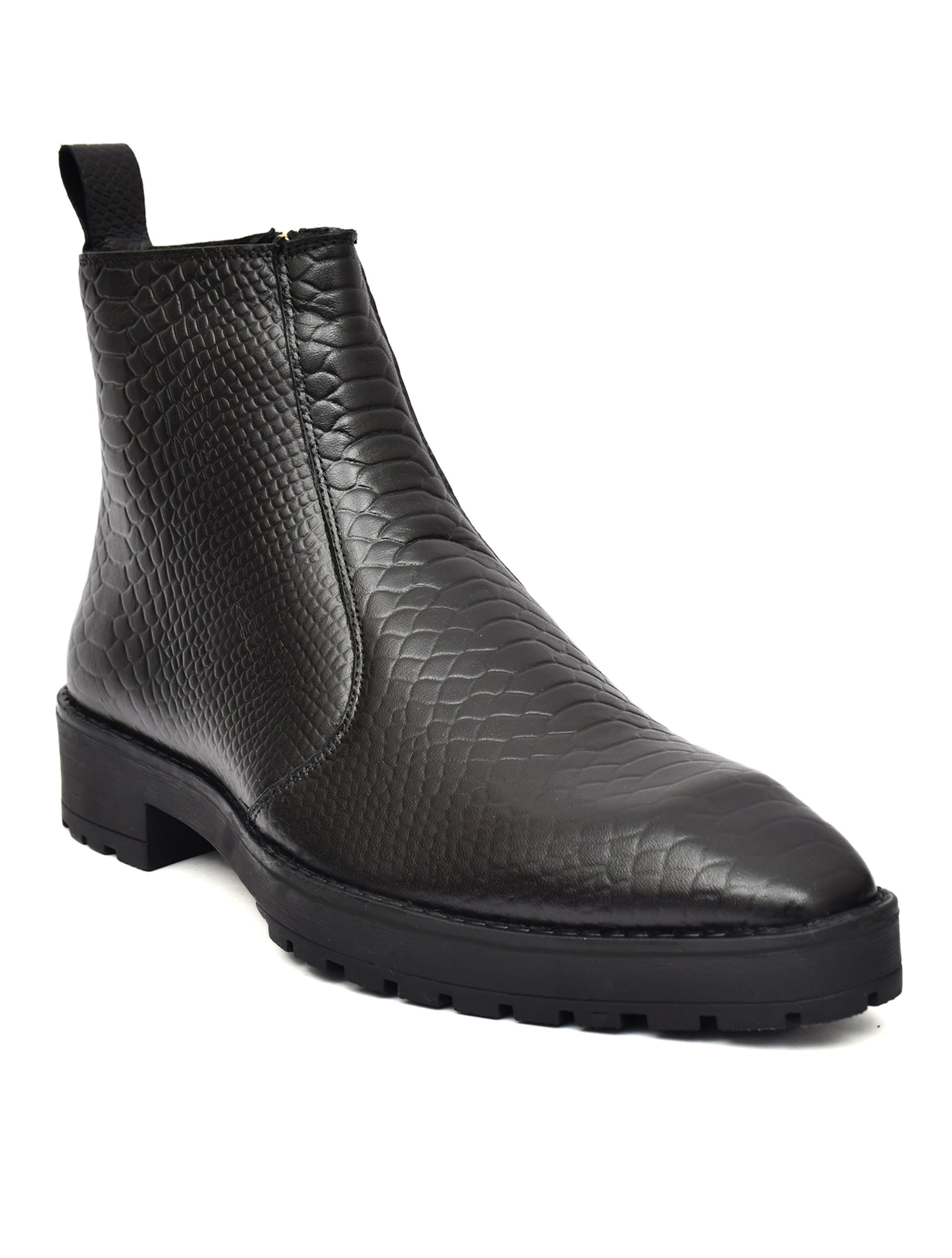 Men Snake Textured Leather Block-Heeled Chelsea Boots