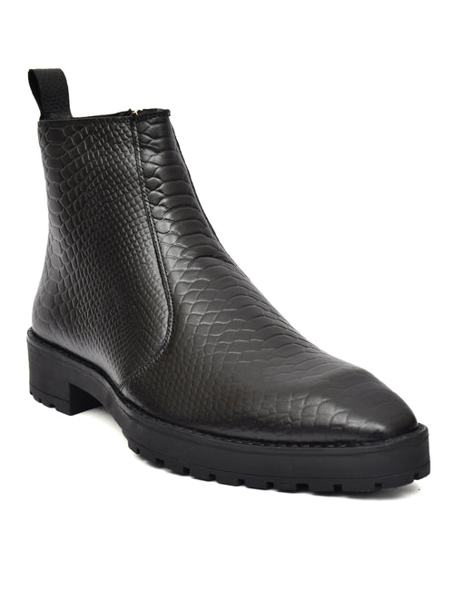 Men Snake Textured Leather Block-Heeled Chelsea Boots